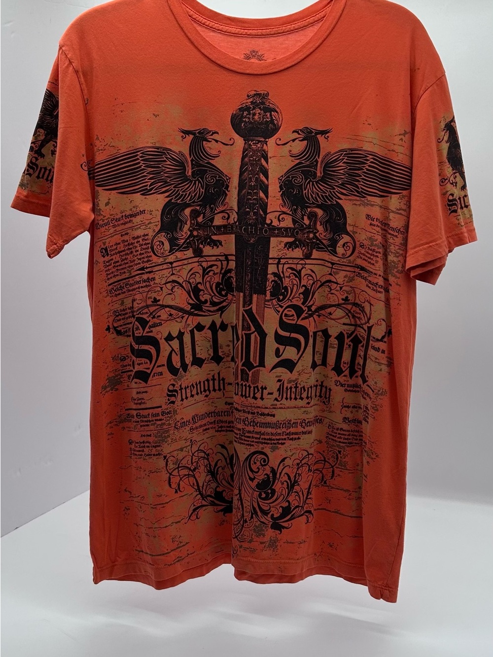 Vintage Men's Orange Graphic 'Sacred Soul' T-Shirt Goth/Grunge XL